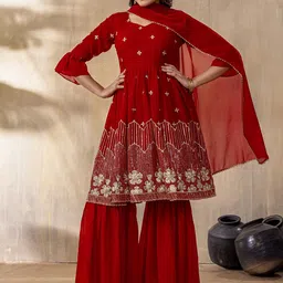 Sashay Boutique Women Floral Embroidered A-Line Kurta with Sharara & Dupatta-picture-12