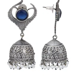 Anvik Silver Plated Artificial Stones and Beaded Oxidised Dome Shaped Jhumkas image 2