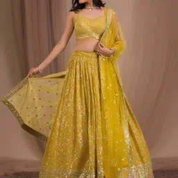 ETHNIC PLUS Embroidered Sequinned Semi-Stitched Lehenga & Unstitched Blouse With Dupatta-picture-39