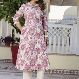 Pistaa Floral Printed High Slit Mandarin Collar Pure Cotton A-Line Kurta With Trousers image 4