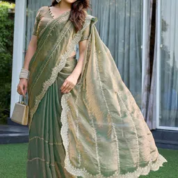 HERE&NOW Embellished Embroidered Pure Chiffon Heavy Work Saree image 3