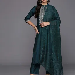 Gerua By Libas Floral Yoke Design Sequinned Straight Kurta With Trousers & Dupatta-picture-32