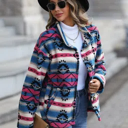 HERE&NOW Women Pink And Blue Self DesignWoven Jacket-picture-35