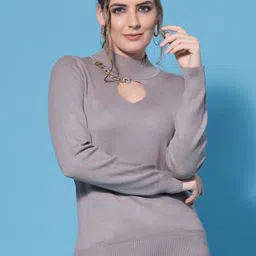 Mafadeny Women Ribbed High Neck Sweater with Cut-Out Detail-image-44