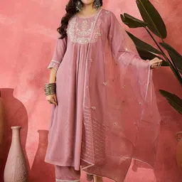 Sangria Zari Sequence Embroidered Straight Kurta & Trousers With Dupatta-image-14