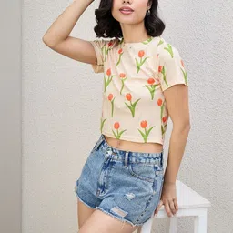 Kibo Floral Print PU Coated Crop Top-image-13
