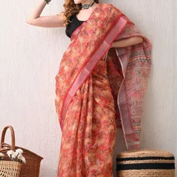 Moda Rapido Woven Design Floral Printed Saree with Unstitched Blouse Piece image 3
