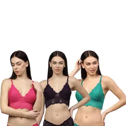 samvar Women Pink,Blue,Green Net Bra Panty Set for Lingerie Set Undergarments Pack of 3-picture-30