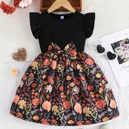 HOPZONIC Women Black Floral Print Round Neck Fit and Flare Midi Dress-picture-33