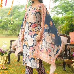 AHIKA Women Floral Printed Kurta with Trousers & Dupatta image 4