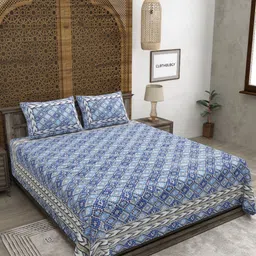 CLOTHOLOGY Blue & White Geometric 180 TC King Bedsheet with 2 Pillow Covers image 1