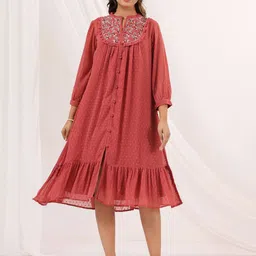 Janasya Self Design Floral Embroidered Detail A-line Midi Dress-image-21