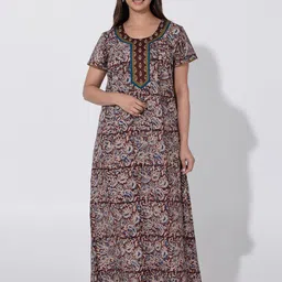 Maybell Kalamkari Printed Pure Cotton Maxi Nightdress-image-0