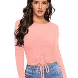 SHOPONBIT Women Textured Tie-Ups Round Neck Crop Cinched Waist Top-image-17