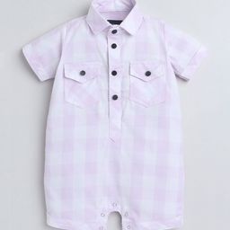 Polka Tots Unisex Kids Pink Half Sleeve Checks Print Shirt Romper With Bow-picture-27