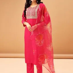 TRAHIMAM Women Ethnic Motifs Embroidered Regular Thread Work Kurta with Trousers & With Dupatta image 1