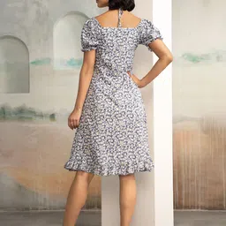 AASK Women Sky Blue Printed Delta Crepe Fit and Flare Calf Length Dress image 5