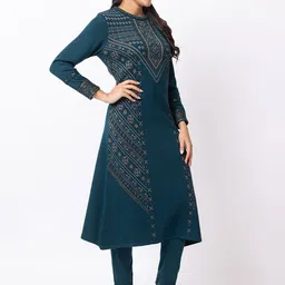 KEIKO Ethnic Motifs Woven Design Round Neck Acrylic A-Line Kurta with Trousers image 3