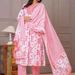 EtnicaWear Women Floral Printed Regular Pure Cotton Kurta & Trousers With Dupatta-picture-20