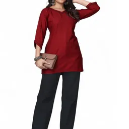 Fabtown Solid V-Neck Khadi Tunic-image-0