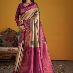 Mitera Ethnic Motifs Zari Silk Blend Handloom Banarasi Saree-image-40