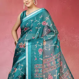 Meena Bazaar Floral Printed Zari Border Saree With Unstitched Blouse Piece image 3