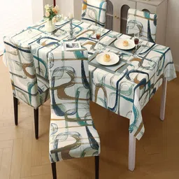 HOKIPO 5Pcs Beige & Blue Abstract Printed Chair Covers With Table Cloth image 2