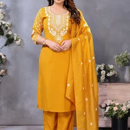 Snofi Creation Women Ethnic Motifs Embroidered Regular Thread Work Chanderi Cotton Kurta with Trousers &-picture-14