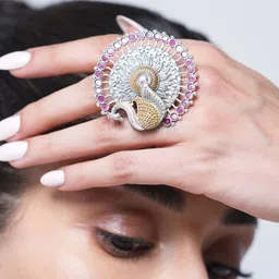 CAO Jewellery Artificial Stones Studded Peacock Design Adjustable Finger Ring-picture-39