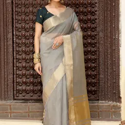 Mitera Solid Woven Design Zari Border Saree with Blouse Piece image 2