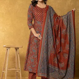 Yufta Paisley Printed Sequinned Pure Cotton Straight Kurta with Trousers & Dupatta-picture-10