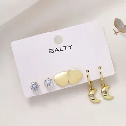 SALTY Gold Plated Set Of 3 Contemporary Artificial Stone Studded Studs Earrings image 3