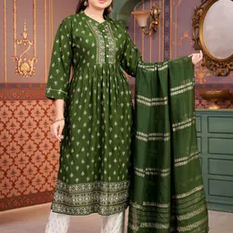 BAESD Girls Floral Printed Mandarin Collar A-Line Kurta With Trousers And Dupatta image 2