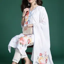 Indo Era Women Floral Printed Regular Linen Kurta with Trousers & With Dupatta image 2