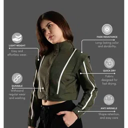 DOMIN8 Women Crop Jacket with Snap Button Closure & Elastic Drawstring Waist image 3