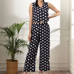 Yufta Polka Dot Printed V-Neck Sleeveless Pure Cotton Waistcoat With Palazzo-image-31