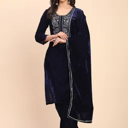 WOMENSIO Women Ethnic Motifs Embroidered Regular Thread Work Velvet Kurta with Trousers & With Dupatta image 3