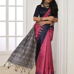 KALINI Pink Soft Tussar Silk Saree With Unstitched Blouse Piece image 4