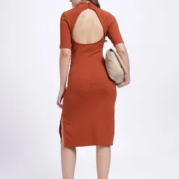 glitchez High Neck Cut Out Detail Ribbed Sheath Midi Dress-image-84