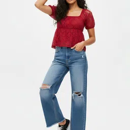 glitchez Floral Self Design Square Neck Puff Sleeves Gathered Detail Top image 5