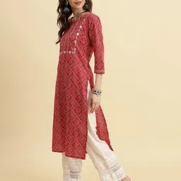 KSUT Bandhani Printed Zari Cotton Round Neck Indie Prints Empire Straight Kurta image 2