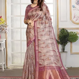 ZAMUNA Floral Printed Zari Tissue Tussar Saree image 3