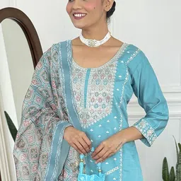 ATOXIC Women Ethnic Motifs Embroidered Regular Thread Work Chanderi Cotton Kurta with Trousers & With Dupatta image 2