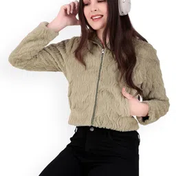 Brazo Women Stand Collar Self Design Lightweight Sherpa Jacket image 3
