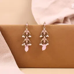 Fida Rose Gold-Plated Quartz Studded & Pearls Beaded Floral Shaped Drop Earrings-picture-24