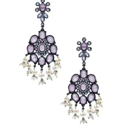 NAMAN ARTS Silver-Plated Artificial Stones and Beads Oxidised Contemporary Drop Earrings image 2
