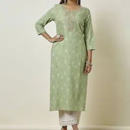 Soch Green Ethnic MotifsEmbroidered Round Neck Zari Straight Kurta-image-47