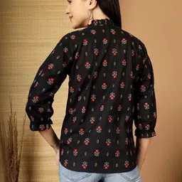 Kinjo Floral Print Mandarin Collar Accordion Pleated Sleeves Ruffles Cotton Top image 4