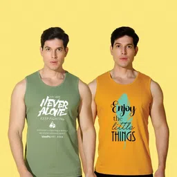 WOOSTRO Men Pack of 2 Typography Printed Round Neck Cotton Slim Fit Sports T-shirts image 3