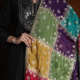 Exotic India Multicolor Block Pattern Zari Gota Patti Dupatta with Bootis in Golden Thread image 5